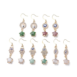 Mixed Patterns Natural Gemstone Star with Evil Eye Dangle Earrings, Crystal Rhinestone Drop Earrings for Women, Mixed Patterns, 48~52mm, Pin: 0.9mm