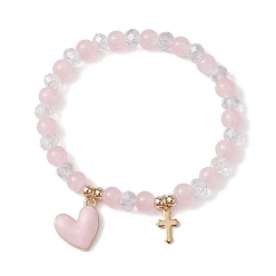 Pink Glass Round Beaded Stretch Bracelets, with Alloy Wing & 304 Stainless Steel Heart Charms, Pink, Inner Diameter: 2-1/8 inch(5.4cm)