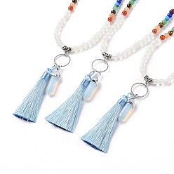 Opalite Opalite Bullet & Tassel Pendant Necklace with Mixed Gemstone Beaded Chains, Chakra Yoga Jewelry for Women, 25.98 inch(66cm)