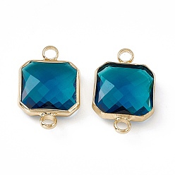 Denim Blue Transparent K9 Glass Connector Charms, with Light Gold Plated Brass Findings, Faceted, Square Links, Denim Blue, 19.5x12.5x4.5mm, Hole: 2.2mm