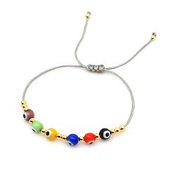 B-B200024E Adjustable Multi-color Rope Chain Cat Eye Stone Gold Bead Bracelet for Men and Women