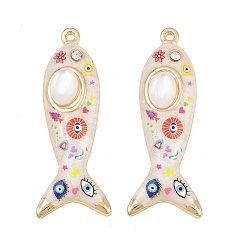 Golden Printed Alloy Enamel Pendants, Fish with Evil Eye Pattern Charms, with Rhinestone and Resin Imitation Cat Eye, Cadmium Free & Nickel Free & Lead Free, Rack Plating, Golden, 43.5x16.5x6.5mm, Hole: 1.6mm