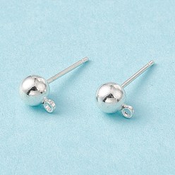 Silver Brass Ball Post Ear Studs, with Loop & 304 Stainless Steel Pins, Nickel Free, Silver, 15.2~15.7x5mm, Hole: 1mm, Pin: 0.7mm