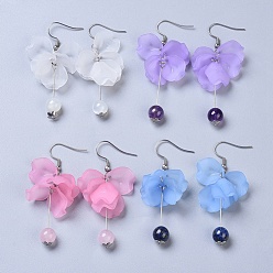 Mixed Color Dangle Earrings, with 304 Stainless Steel Findings, Acrylic Pendants and Natural Gemstone, Flower, Mixed Color, 59~63mm, Pendant: 40~44x20x14mm, Pin: 0.7mm
