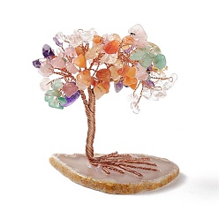 Mixed Stone Natural Gemstone Tree Display Decoration, Agate Slice Base Feng Shui Ornament for Wealth, Luck, Rose Gold Brass Wires Wrapped, 42~50x74~79x83~86mm