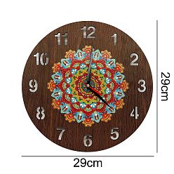 Flower DIY Clock Diamond Painting Kits, Including Round Wood Plate, Resin Rhinestones, Diamond Sticky Pen, Tray Plate and Glue Clay, Flower Pattern, 290x290mm