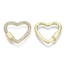 Clear Brass Micro Pave Cubic Zirconia Screw Carabiner Lock Charms, for Necklaces Making, Heart, Nickel Free, Real 16K Gold Plated, Clear, 26x27x3mm, Screw: 8x5mm