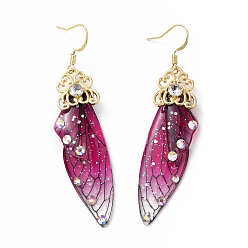 Fuchsia Resin Butterfly Wing Dangle Earrings with Clear Cubic Zirconia, Real 18K Gold Plated Brass Jewelry for Women, Cadmium Free & Lead Free, Fuchsia, 70mm, Pin: 0.7mm