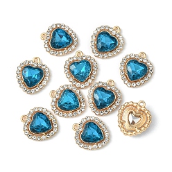 Blue Zircon Alloy Rhinestone Charms, Heart, Light Gold, Blue Zircon, 18x16x5mm, Hole: 1.4mm