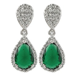 Зеленый Серьги-гвоздики из латуни с микропаве и кубическим цирконием, покрытие стойки, слеза, зелёные, 24x10 мм