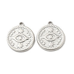 Stainless Steel Color 304 Stainless Steel Pendants, Flat Round with Evil Eye Charm, Stainless Steel Color, 19.5x17x2mm, Hole: 1.6mm