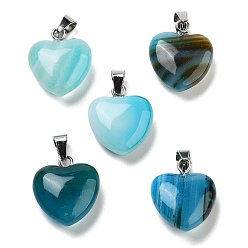 Banded Agate Natural Banded Agate Charms, with Silver Tone Metal Findings, Heart, Dyed, 16x6mm