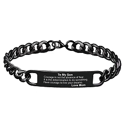 Black Rectangle with Word Stainless Steel Link Bracelet with Curb Chains, Black, 8-1/4 inch(21cm)