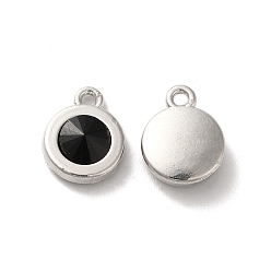 Black Alloy Pendant, with Glass, Platinum, Lead Free & Cadmium Free, Falt Round Charm, Black, 12.5x10x4mm, Hole: 1.5mm
