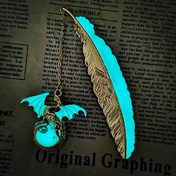 Golden Luminous Brass Feather Bookmark, Dragon Pendant Bookmark, Glow in The Dark, Golden, 115mm