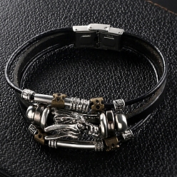 Black Leaehet Cords Multi-strand Bracelets, Alloy Dragon Punk Bracelet, Black, 8-5/8 inch(22cm)