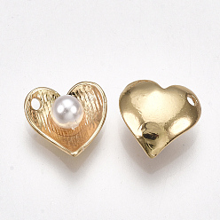 Real 18K Gold Plated Brass Charms, with ABS Plastic Imitation Pearl, Heart, Creamy White, Real 18K Gold Plated, 10x10x5mm, Hole: 1.2mm