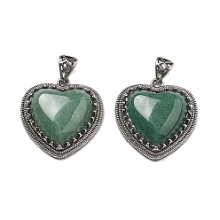 Зеленый Авантюрин Естественный зеленый авантюрин подвески, сердце прелести, с реечной накладкой из латуни с фурнитурой под античное серебро, без кадмия и без свинца, 28.5x27x9 мм, отверстие : 7x5 мм
