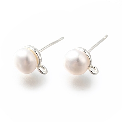 Серебро Фурнитура для сережек с натуральным жемчугом, с реечной обшивкой из латуни и горизонтальными петлями, круглые, без кадмия и без свинца, серебряные, 10x7.5 мм, отверстие : 0.6 мм, штифты : 0.6 мм