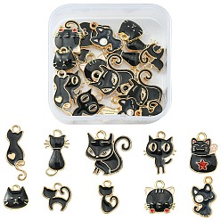 Black 20Pcs 10 Styles Alloy Enamel Charms, Cat Shape, Light Gold, Black, 11.5~24.5x11.5~20x1.5~3mm, Hole: 1.4~2mm, 2pcs/style