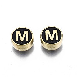 Letter M Alloy Enamel Beads, Cadmium Free & Lead Free, Light Gold, Flat Round with Alphabet, Black, Letter.M, 8x4mm, Hole: 1.5mm