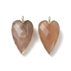 Sunstone Natural Sunstone Pendants, Faceted Heart Charms, with Golden Plated Brass Edge Loops, 22.5x13x7.5mm, Hole: 3mm