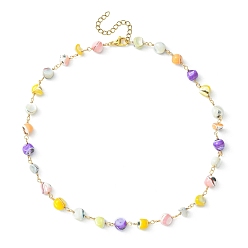 Colorful Natural Shell Nugget Beaded Chain Necklaces, 304 Stainless Steel Jewelry, Colorful, 16 inch(40.5cm)