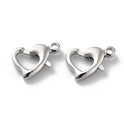 Real Platinum Plated Brass Lobster Claw Clasps, Heart, Real Platinum Plated, 10x7x2.5mm, Hole: 1.2mm