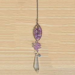 Leaf Glass Cone Pendant Decorations, Natural Amethyst Chips Tree of Life Hanging Suncatchers, with Metal Findings, for Home, Car Interior Ornaments, Leaf, 365x28mm