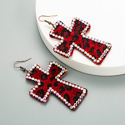 Red Bold Cross-Printed Double-Sided Leather Leopard Earrings with Long Length and Full Diamonds - Retro Statement Jewelry