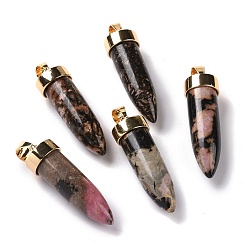 Rhodonite Natural Rhodonite Pointed Pendants, Cone Charms, with Golden Tone Alloy and Iron Findings, 42.5~46x14~15mm, Hole: 8x6mm