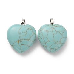Turquoise Synthetic Turquoise Pendants, Heart Charms, with Rack Plating Platinum Tone Brass Snap on Bails, 32~33x30~31x12~13mm, Hole: 5x8mm