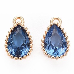 Dodger Blue Brass Inlaid Cubic Zirconia Charms, Nickel Free, Long-Lasting Plated, Real 18K Gold Plated, Teardrop, Dodger Blue, 8x5x2mm, Hole: 0.8mm