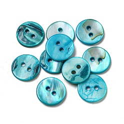 Cyan Freshwater Shell Buttons, 2-Hole, Flat Round, Cyan, 15x1~2mm, Hole: 2mm