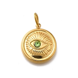 Оливин 304 подвески из нержавеющей стали, со стразами и прыжковыми кольцами, ионное покрытие (ip), плоский круглый с шармом в виде глаз, реальный 14 k позолоченный, оливина, 18x15.5x3.5 мм, отверстие : 5x2.5 мм