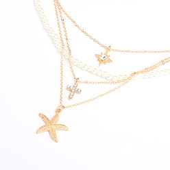 Golden Plastic Imitation Pearl Beaded Necklaces Multi Layered Necklaces, Alloy Rhinestone Cross Star Pendant Necklace for Women, Golden, 14.96 inch(38cm)