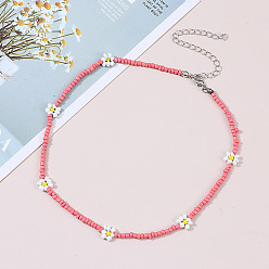 Medium pink Boho Flower Beaded Necklace Handmade Ethnic Jewelry for Women
