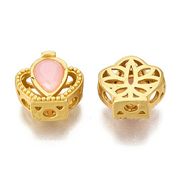 Pink 8-Hole Brass Beads, with Resin Beads, Hollow, Crown, Matte Gold Color, Pink, 10.5x12x6mm, Hole: 2mm
