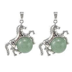 Зеленый Авантюрин Естественный зеленый авантюрин подвески, латунная лошадь с подвесками в виде шариков из драгоценных камней, стойки покрытие, платина, 33x35x16 мм, отверстие : 5x8 мм