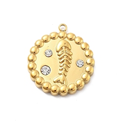 Кристалл 304 из нержавеющей стали горный хрусталь подвески, плоский круглый с подвесками в виде рыбьей кости, ионное покрытие (ip), реальный 14 k позолоченный, кристалл, 20.5x18x3 мм, отверстие : 1.4 мм