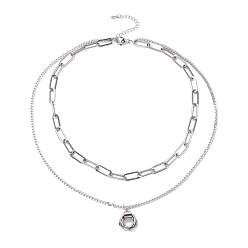 Stainless Steel Color Non-Tarnish 304 Stainless Steel Double Chains Multi Layered Necklace with Rings Charm for Women, Stainless Steel Color, 16.34 inch(41.5cm)