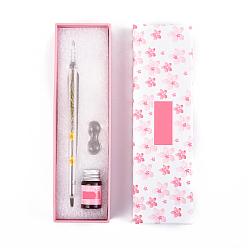 Yellow Lampwork Dip Pen & Pen Holder Set, with Dried Flower inside, Ink, Packaging Box, Yellow, 170mm