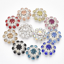 Mixed Color Silver Color Plated Brass Shank Buttons, with Rhinestone, 1-Hole, Flower, Mixed Color, 22x22x9mm, Hole: 1.2mm