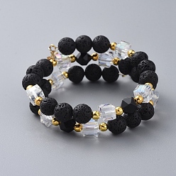 Lava Rock Two Loops Fashion Wrap Bracelets, with Natural Lava Rock Beads, Cube Glass Beads, Lotus Flower 304 Stainless Steel Charms and Iron Spacer Beads, 2 inch(5cm)