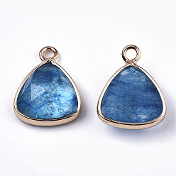 Deep Sky Blue Glass Charms, with Light Gold Tone Brass Findings, Triangle, Faceted, Deep Sky Blue, 14x11x4mm, Hole: 1.5mm