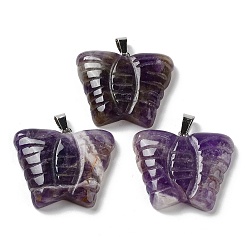 Amethyst Natural Amethyst Carved Pendants, Butterfly Charms with Platinum Plated Brass Snap on Bails, 30x35.5x7mm, Hole: 7x4.5mm