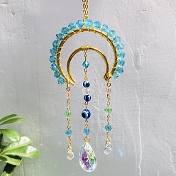 Cyan Wire Wrapped Glass & Matal Moon Pendant Decorations, Car Hanging Suncatchers, with Iron Findings and Evil Eye Beads, Cyan, 230mm