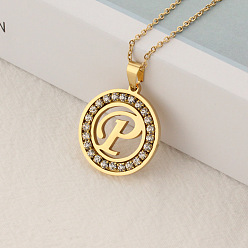 Letter P Crystal Rhinestone Initial Letter Pendant Necklace with Cable Chains, Stainless Steel Jewelry for Women, Golden, Letter.P, 15.75 inch(40cm)