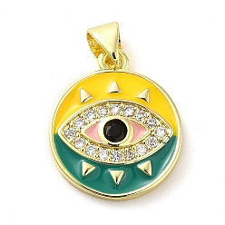 Gold Real 18K Gold Plated Brass Clear Cubic Zirconia Pendants, with Enamel and Glass, Flat Round with Evil Eye, Gold, 19x16x2.5mm, Hole: 5x3.5mm