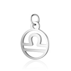 Libra 304 Stainless Steel Charms, with Jump Rings, Polished, Flat Round with Constellation, Libra, 13x11x1mm, Hole: 2.5mm